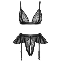 Soutien-gorge et slip fendu à jarretelles noir - Cottelli LINGERIE